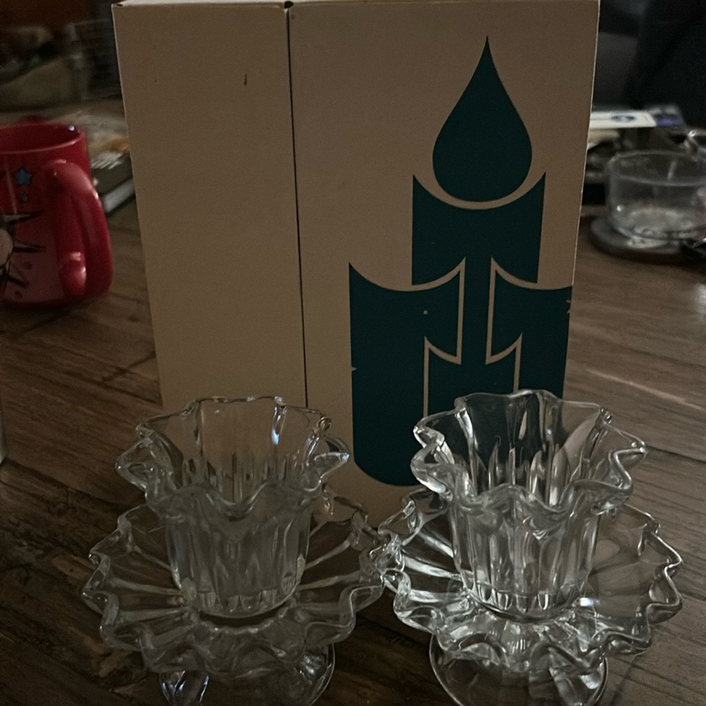 Partylite Chantilly pair, candle holder pair, glass, new in box